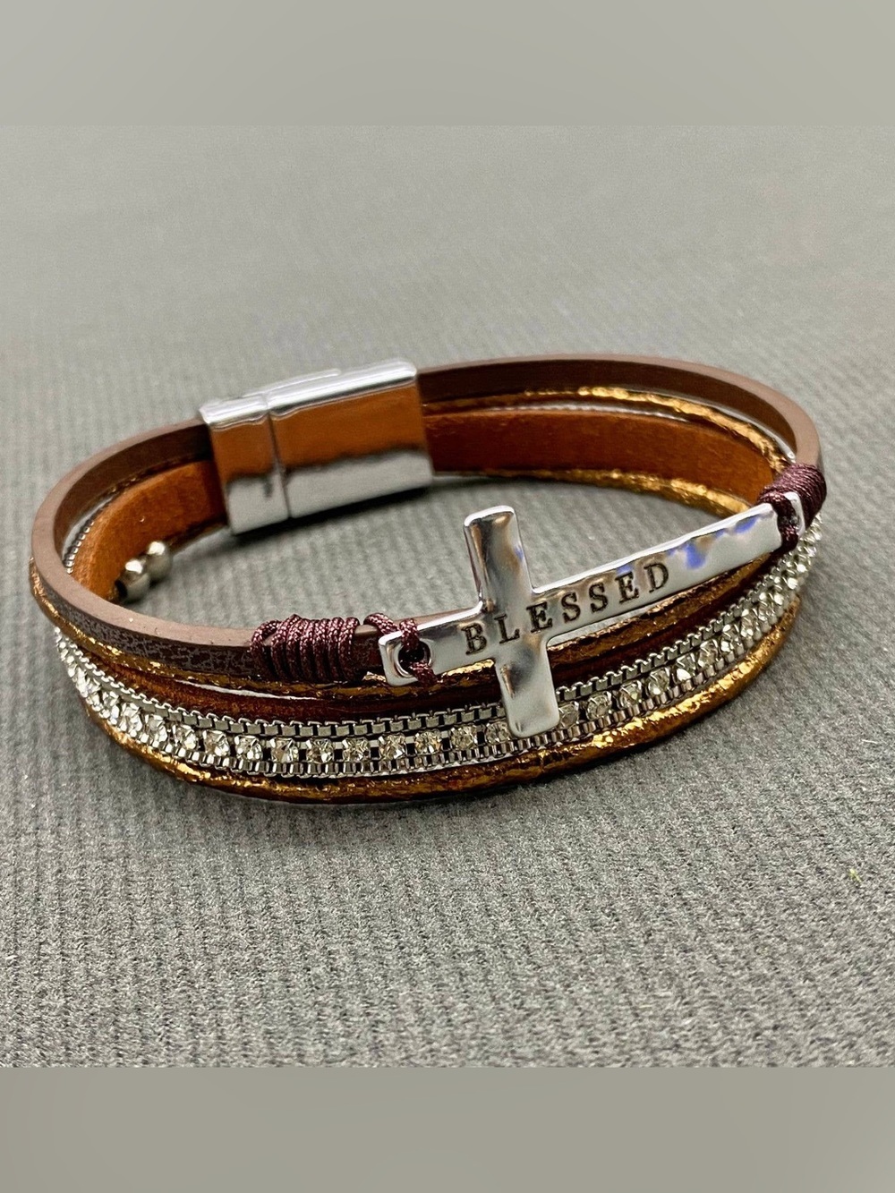 Blessed Cross Leather Bracelet - Brown & Gold - Picture 1 of 5